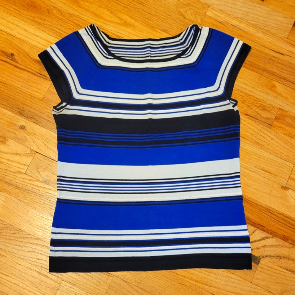 Ann Taylor Blue and White Fitted Cap Sleeve T-Shirt